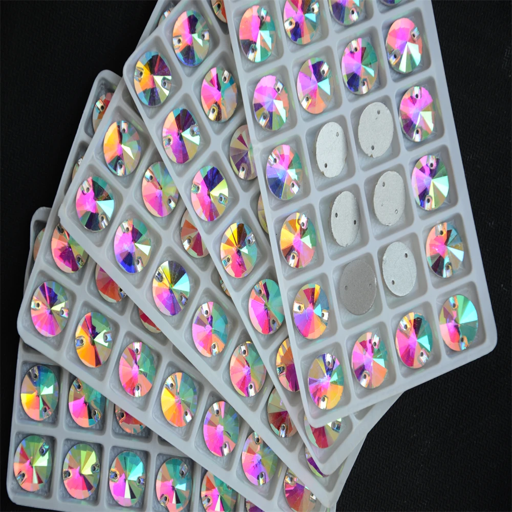 Großhandel Crystal AB Rivoli zum Aufnähen, Stein, flache Rückseite, 2 Löcher, 8,10,12,14,16,18 mm, runde Glas-Nähkristallperlen, Kleiderherstellung – Detail 5