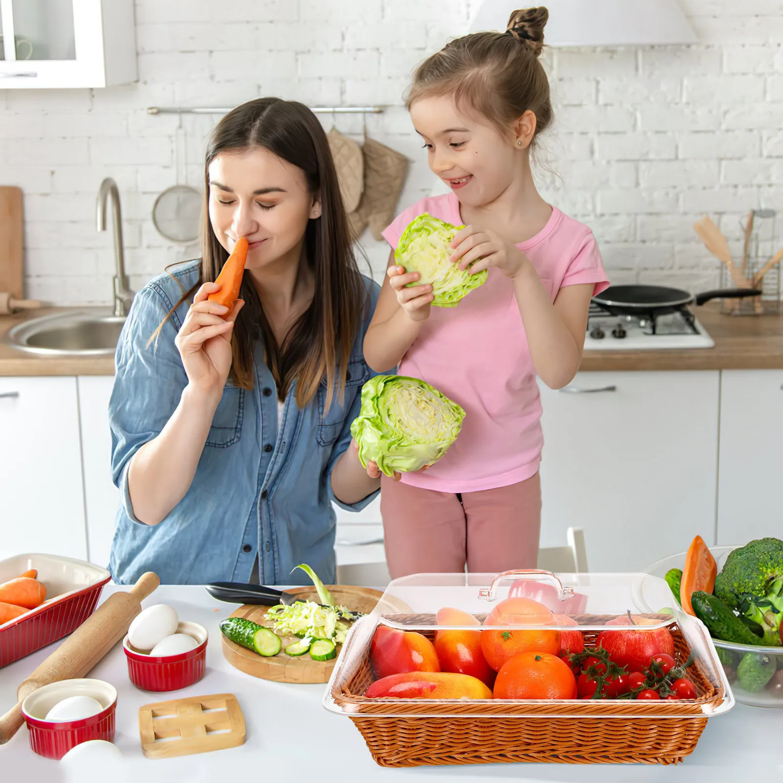 

Woven Bread Basket for Serving Imitation Rattan with Lid Storage Fruit Basket Tabletop Food Basket Decorative Kitchen Basket