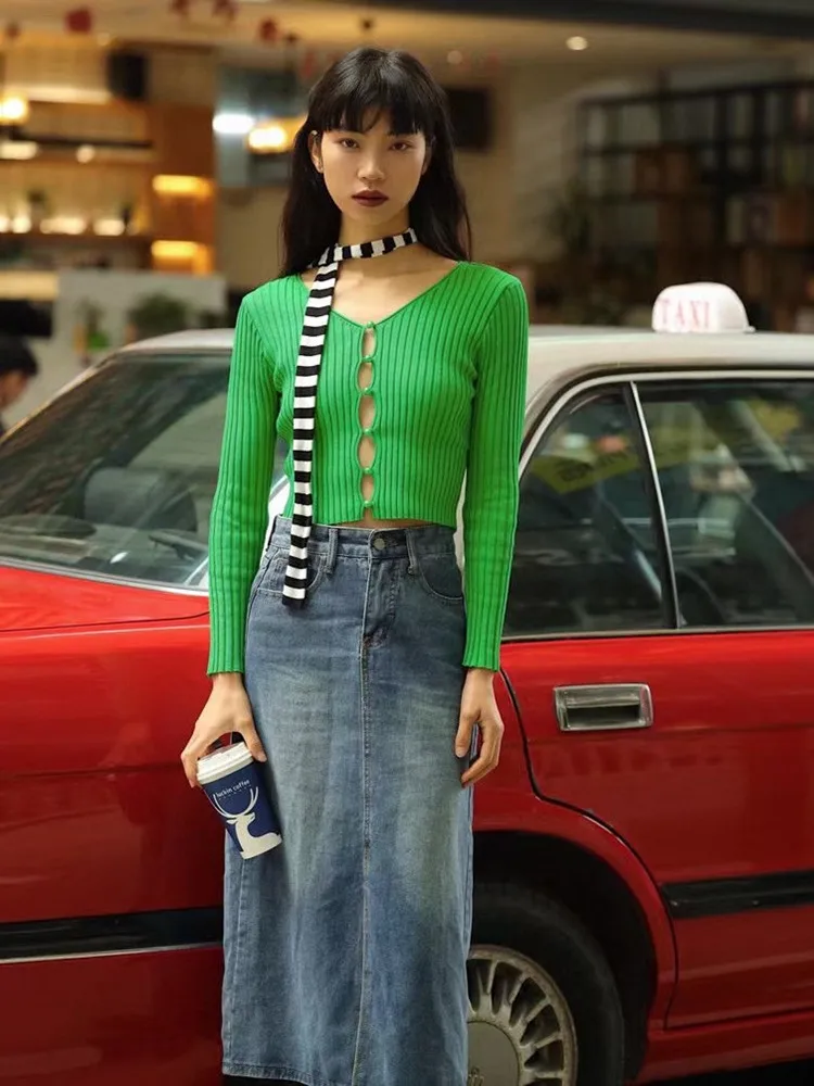 CHIC Women V-Neck Button-through Hollow Out Front Crop Cardigan Retro Knitted Sweater Long sleeve Slim Jumper Blue Green