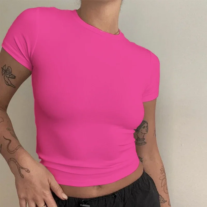 Ropa de mujer, camiseta de manga corta, Tops ajustados, camiseta de tubo de punto con cuello redondo para mujer, ropa de calle, ropa deportiva sexual 2024 Y2K New2410