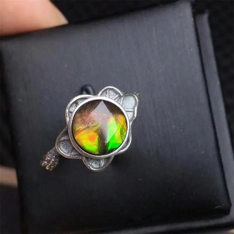 S925 Natural Ammolite Rings Reiki Healing Adjustable Crystal Quartz Ring Party Gift for Women Fashion Jewelry 1pcs