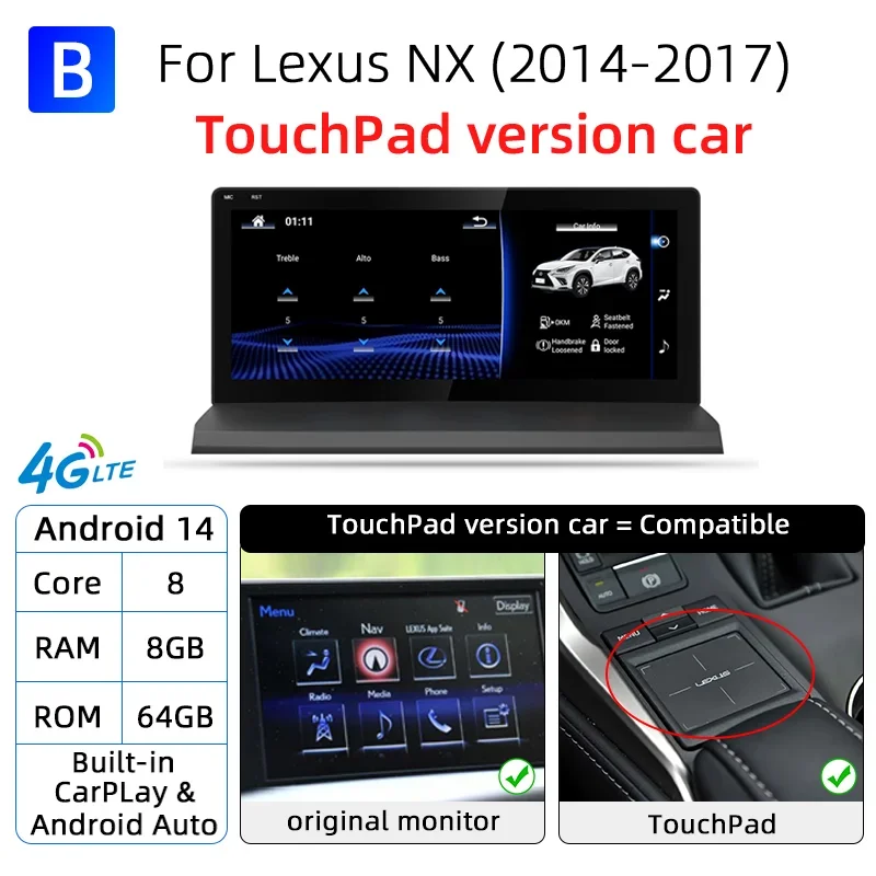 Nunoo Android 14 CarPlay autoradio voor Lexus NX NX200 NX200T NX300h 2014-2021 Multimedia Navigatie GPS DSP 4G WiFi