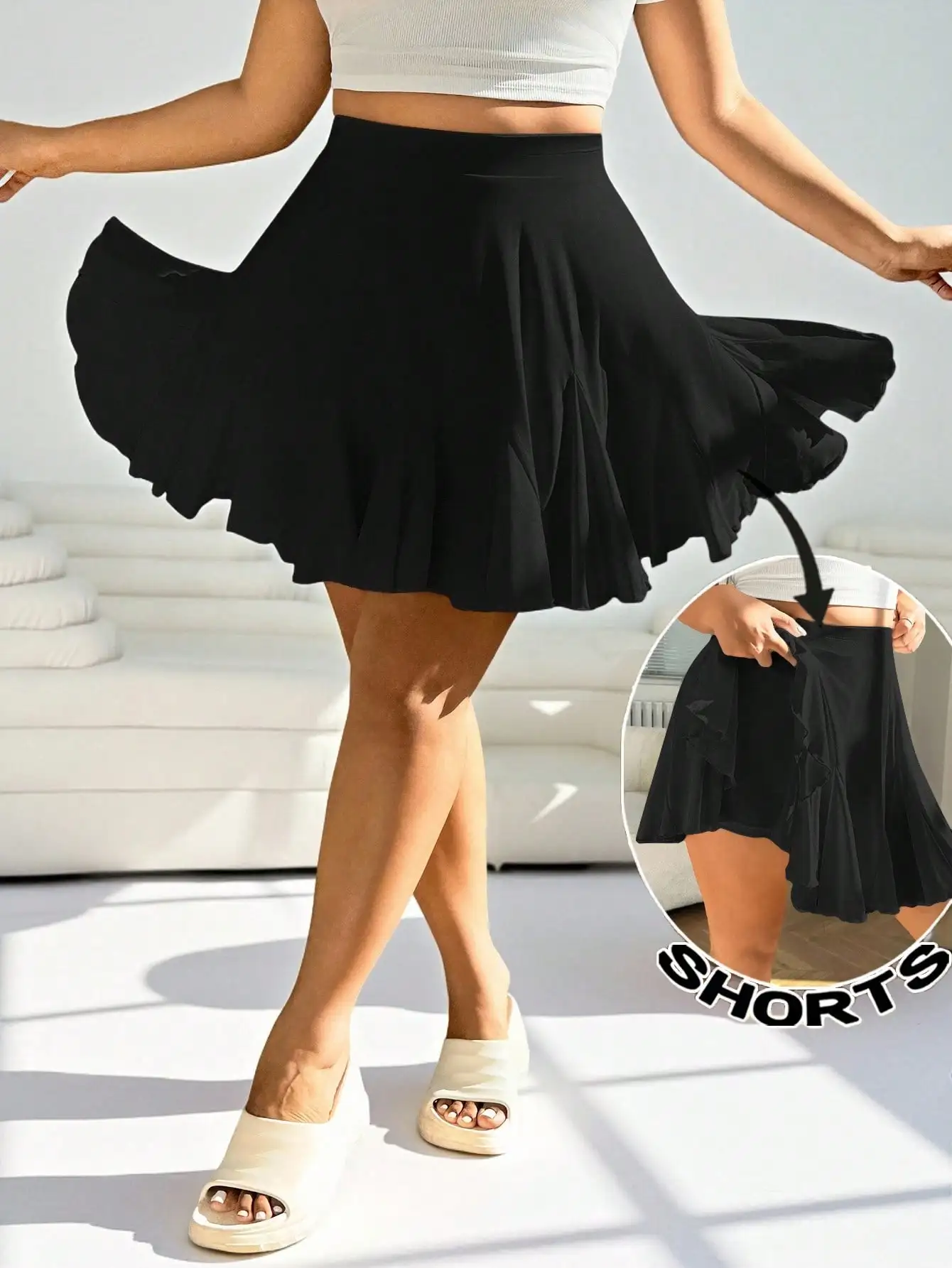 

Юбка А-силуэта черного цвета с плиссировкой и встроенными шортами, повседневная летняя юбка для женщин больших размеров