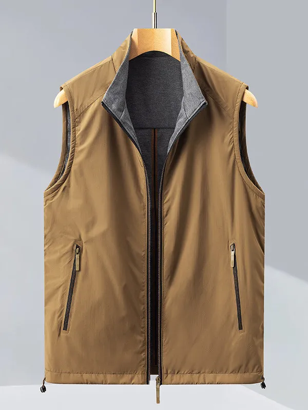 

High-End Men's Double-Sided Wear Loose Stand Collar Vest Faionable Busin Casual Polyester Sweat-ng All-Season Jaet