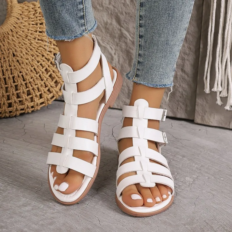 Women\'s Sandals Summer Elegant Woman Shoes Low Heels Flats Casual Gladiator White Fish Toe Women Sandals Shoes Woman 2024 Trend