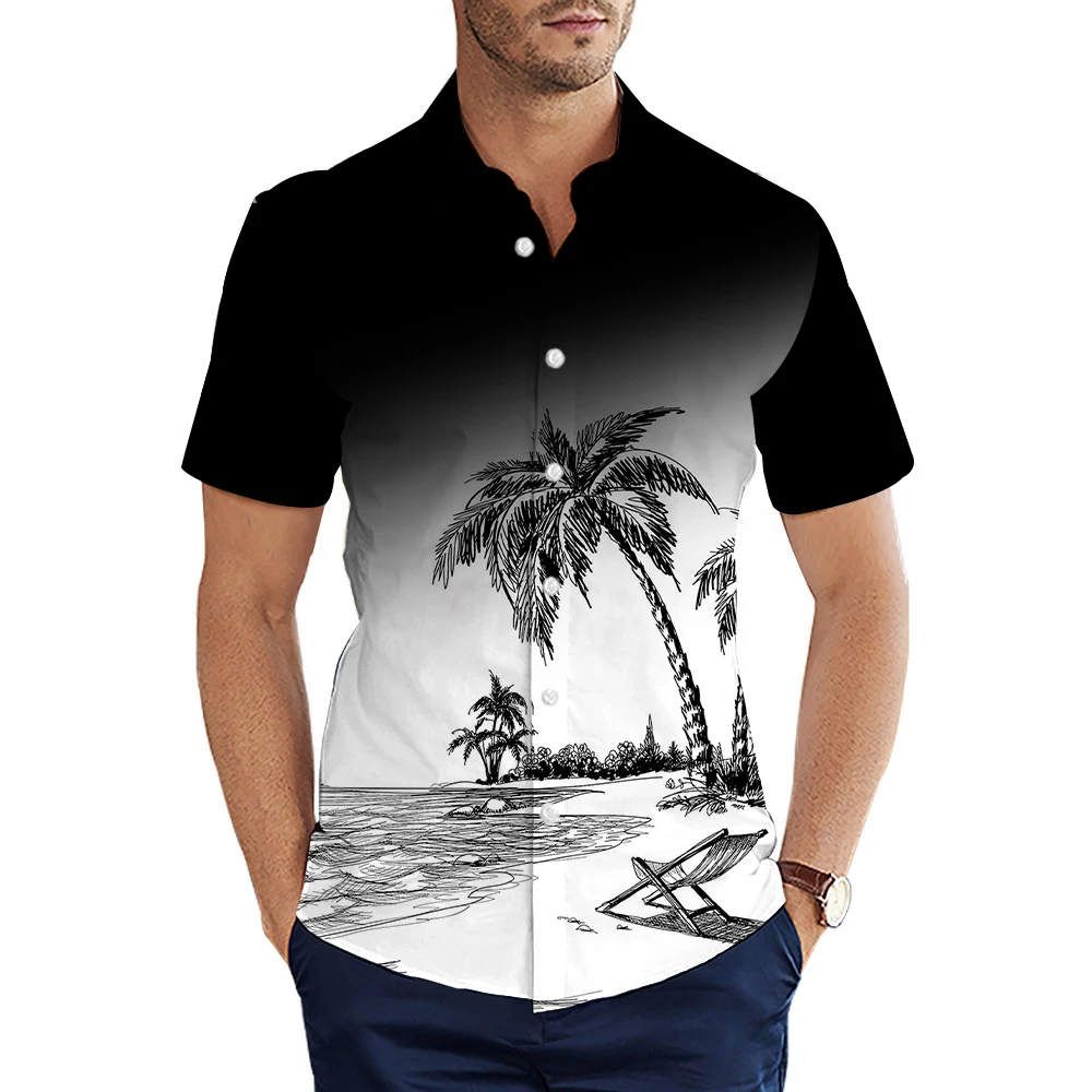 

Hawaiian Shirt Men 2026 New Summer Beach Coconut Tree Print Casual Lapel Short Sleeve Fashion Tops