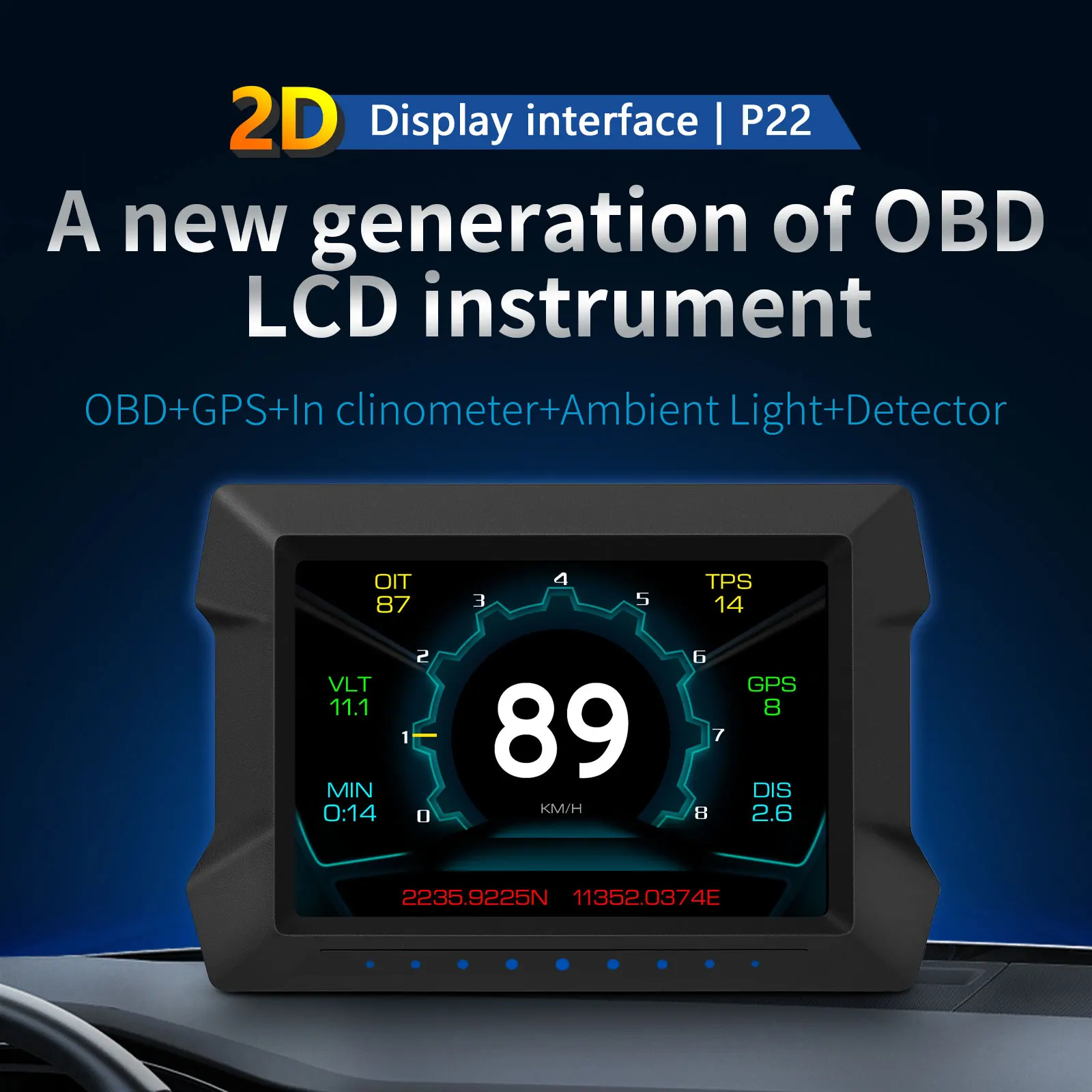 

P22 Car Multifunction Instrument Head Up Display OBD+GPS Smart Digital Speedometer Oil&Water Temp Turbo Voltage RPM Fuel
