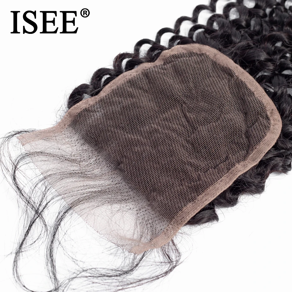 ISEE HAIR Kinky Curly Lace Closure 4*4 Free Part 100% Remy Human Hair Bundles 8-20 inch Lace Closure Nature Color