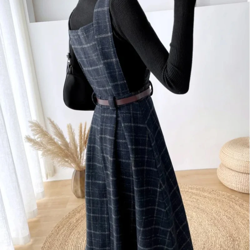 Autumn Winter Lady fashion Overalls 2 Piece Set Dress Women black Knitted Sweater Top + Plaid Tweed Slim Big Swing Midi Dress