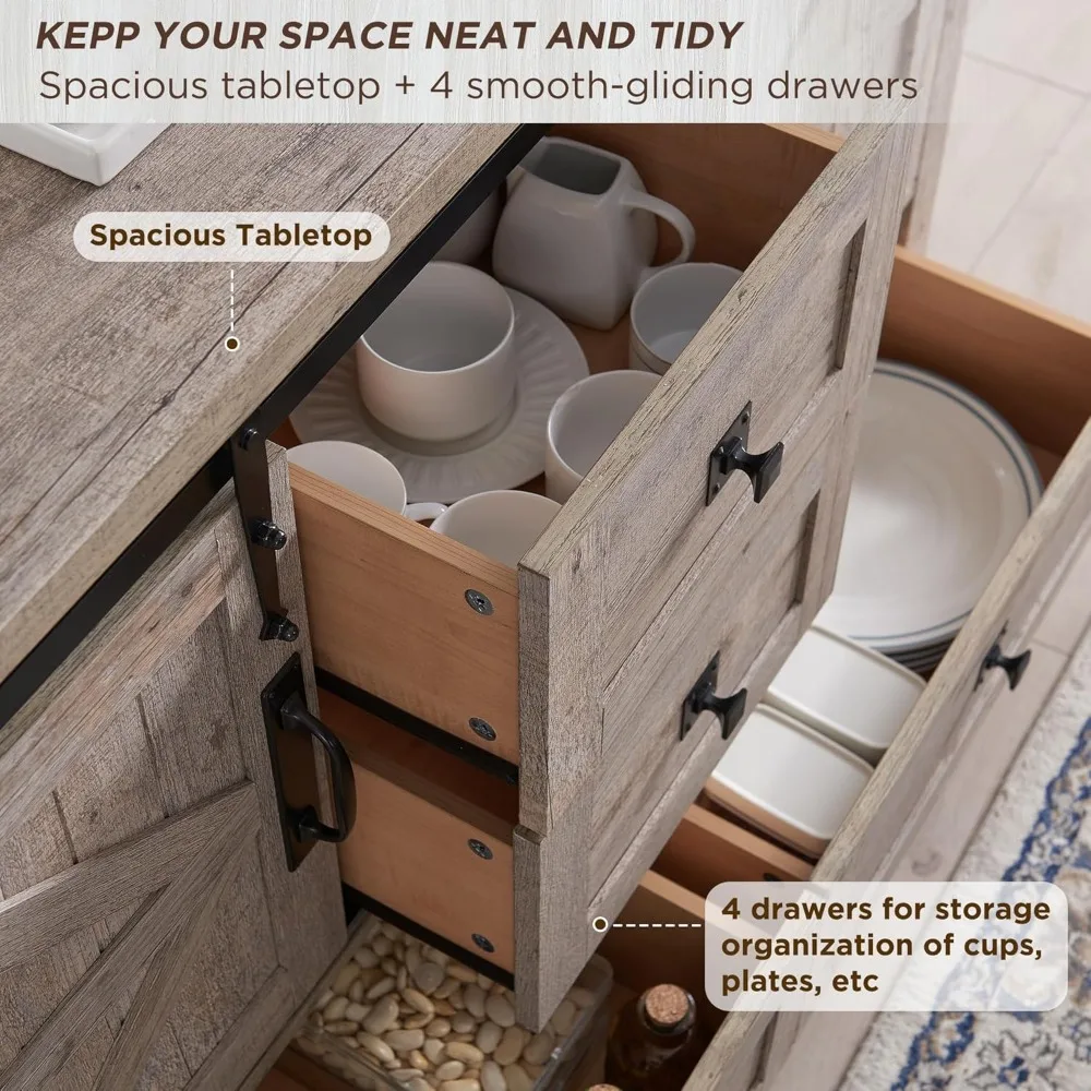 Farmhouse Sideboard Buffet Cabinet with Storage, 31.2'' Tall Kitchen Cabinet with 2 Sliding Barn Doors and 4 Drawers, Rustic Wo