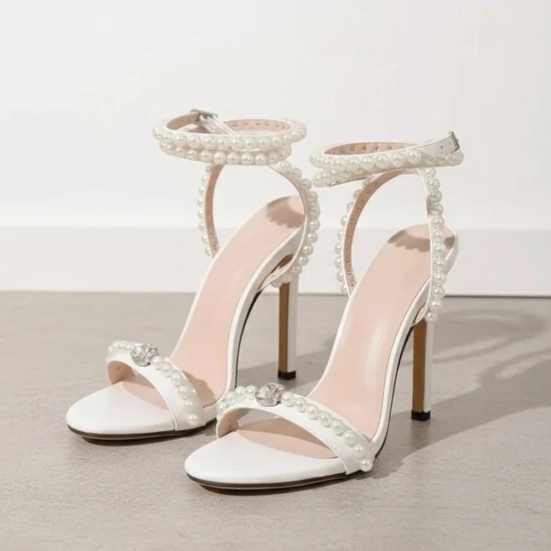 Women’s Sexy High Heel Sandals Open Toe Beaded Ankle Strap Wedding Party Shoes Summer Evening Dress Bridal Pumps