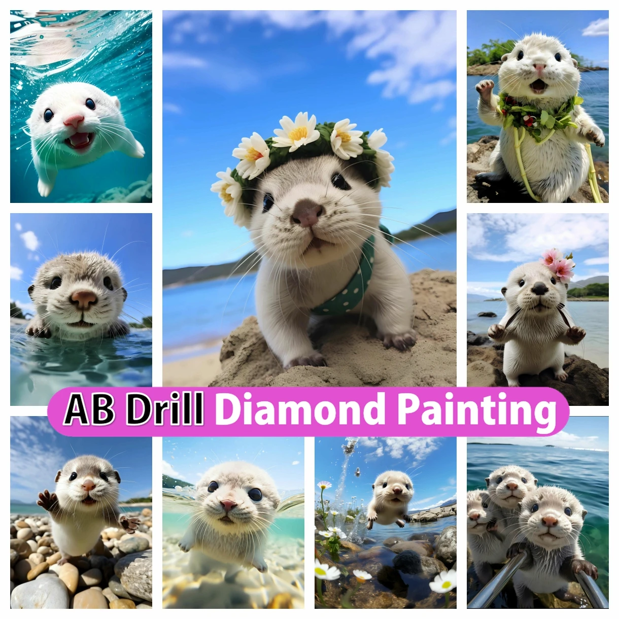 Sea Otters 5D DIY AB Diamond Painting Embroidery Cute Animal Art Cross Stitch Mosaic Pictures Handmade Home Decor Kids Gift