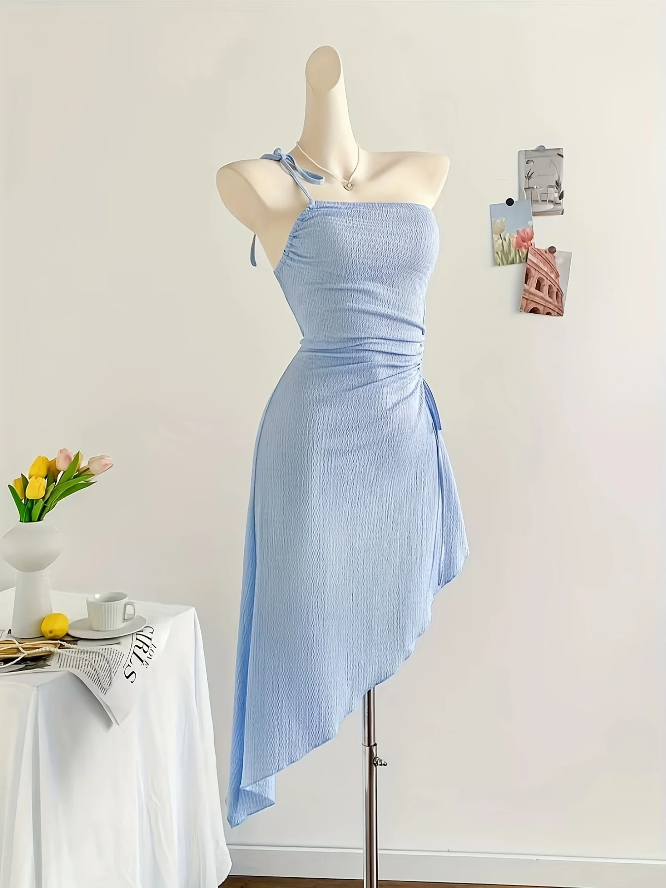 

Spring and Summer Holiday Sleeveless Drawstring Cut-Out Belted Asymmetrical Hem Midi Dress, Perfect for Dates, Afternoon Tea
