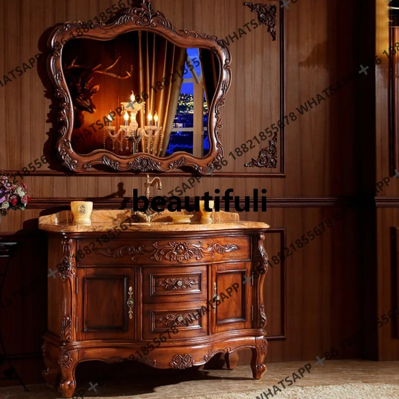 

European bathroom cabinet red oak washbasin basin cabinet combination marble floor solid wood washbasin cabinet