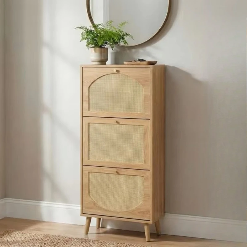Three-layer natural wood color rattan woven shoe cabinet storage cabinet 54*24*135