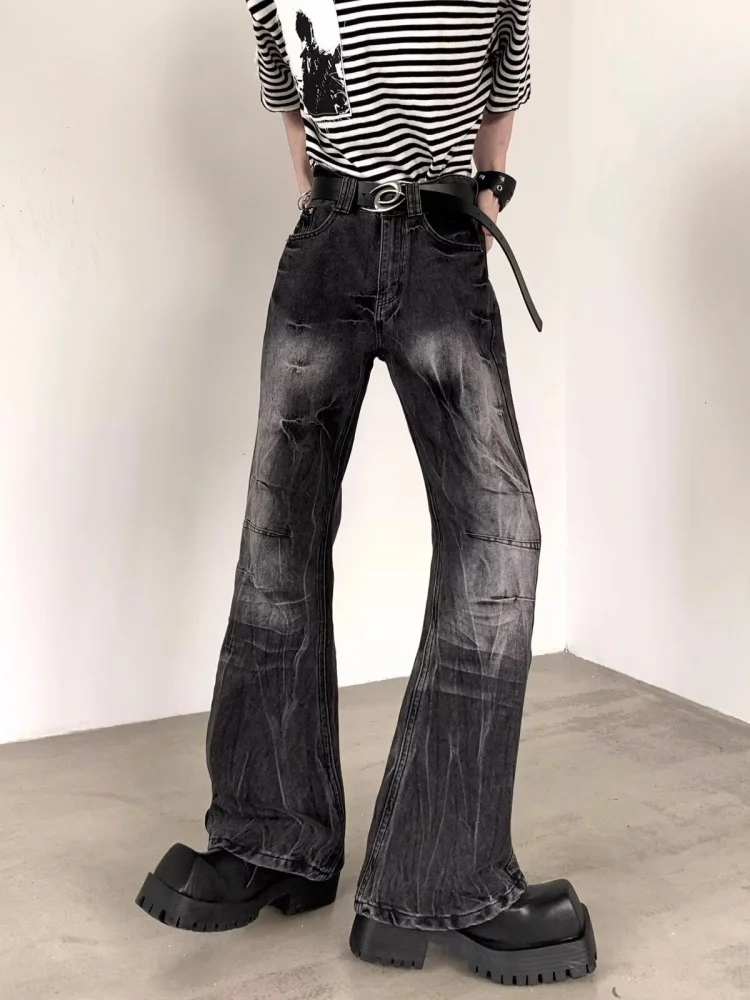 2025 American Retro Y2K Streetwear Washed Black Slim Flared Jeans Pants For Men Clothing Cotton Long Trousers Pantalon Hombre