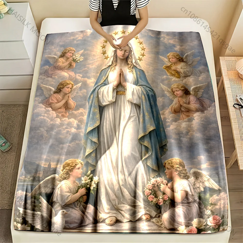 1PC Virgin Mary and surrounding angels Print Blanket Warm Soft Fluffy Kids and Adult Sofa Bed Throw Blanket Travel Camping RV