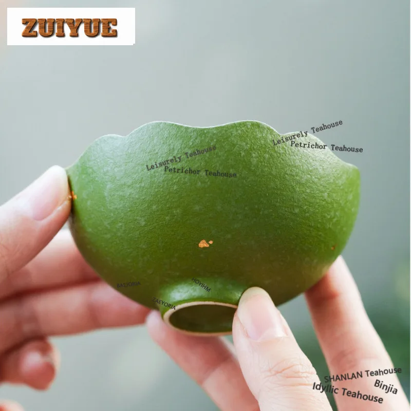 HOYIHM 60ml Citrus Green Sprinkle Gold Hand Painted Daisy Teacup Zen Tea Bowl Mug Tea-tasting Meditation Cup Chazhan Master Cups