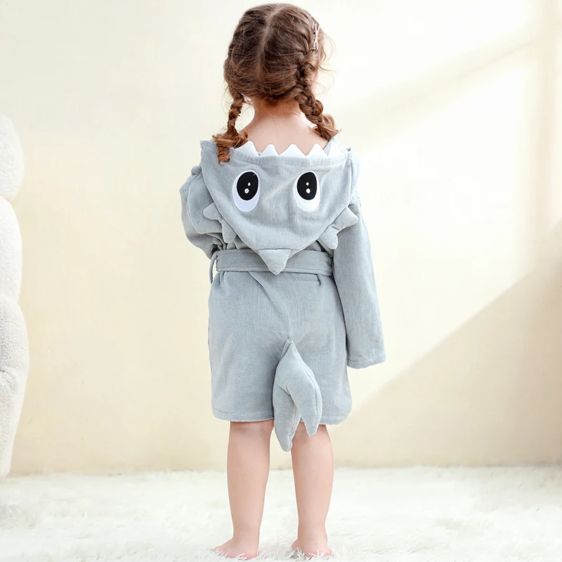 MICHLEY Shark Dinosaur Hooded Baby Bathrobe Cotton Soft Infant Bath Towel Robe Pajamas For Kids Boy Girl Children 1-5T view 5