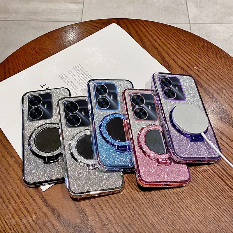 Mirror Magnetic Bracket Case For OPPO Realme C2 C11 C15 C17 For Realme C20 C21 C30 C31 C33 C35 C53 C55 C67 Plating Glitter Cover