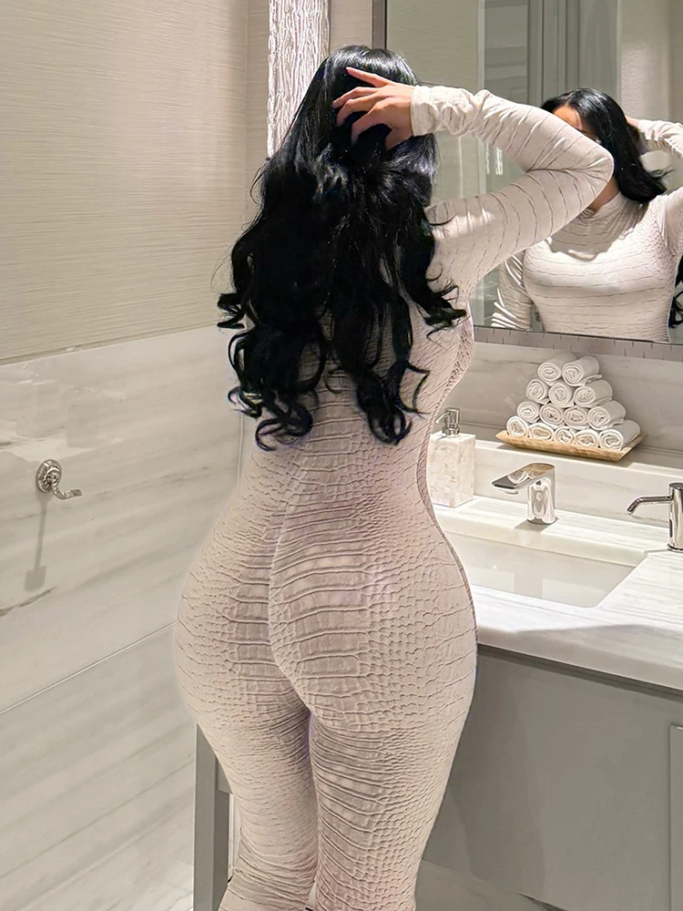 จั๊มสูทลายงู Leosoxs สำหรับผู้หญิง เซ็กซี่ ซิป คอทรงโอ แขนยาว ผ้ายืด กระชับรูปร่าง สไตล์ฮิปสเตอร์ เทรนด์ฤดูใบไม้ร่วง เสื้อผ้าสตรีทแวร์