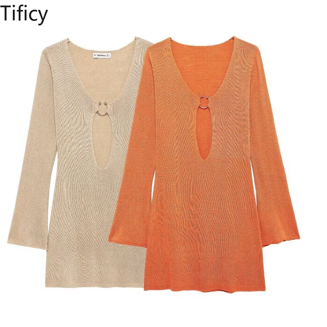 TIFICY Fashion Women's New V-neck Solid Color Hollow Knitted Ring Decoration Long Sleeved Dress Short Dresses