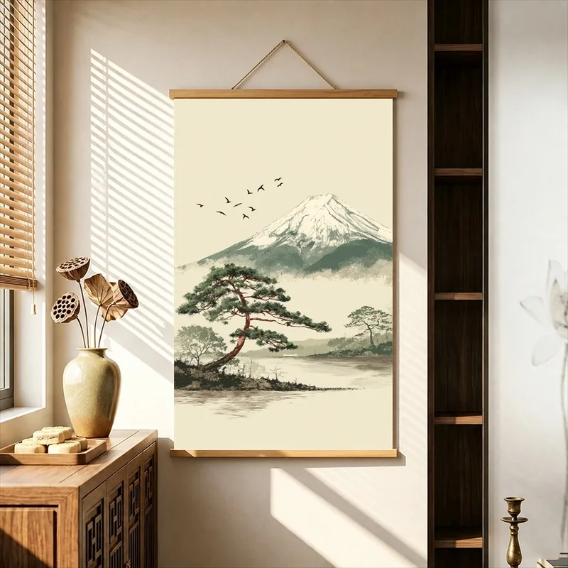 Wall Art Japanese Wave and Mountain Scene, Ukiyo E Inspired Pearlescent Canvas Hanging Scroll with Wooden Rods for Japanese Inn