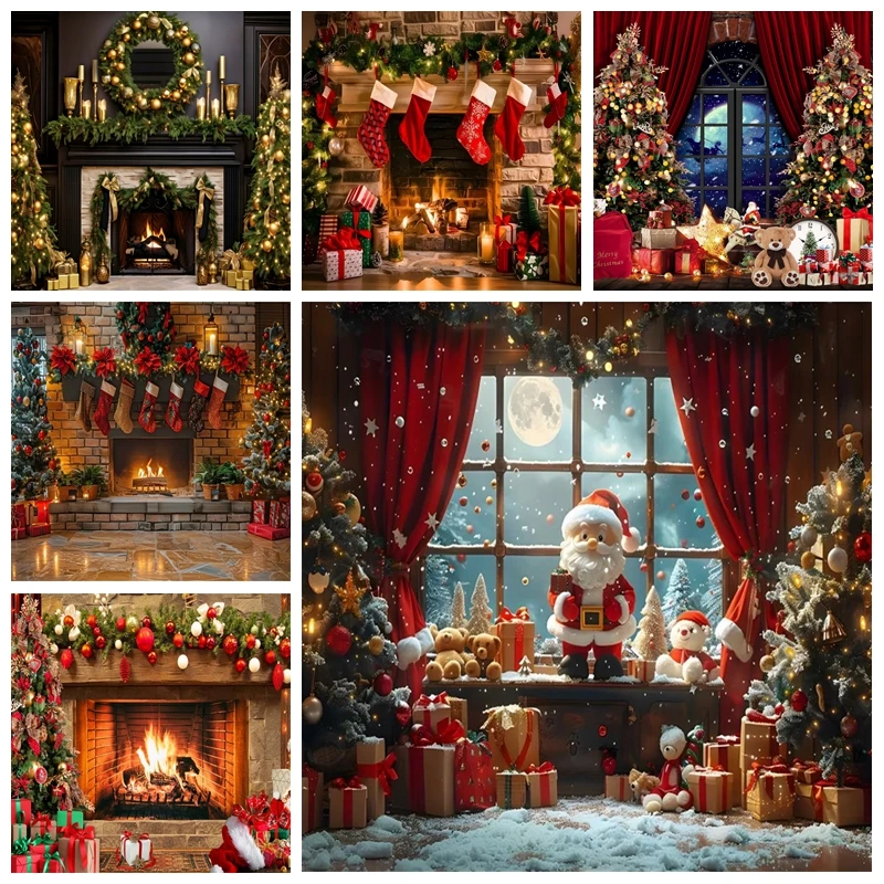 

Christmas Photography Backdrop Fireplace Xmas Tree Santa Claus Window Baby Photo Photographic Family Party Decor Background Prop