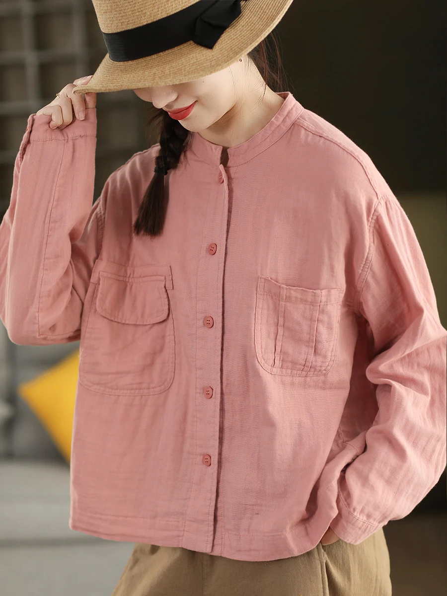 

Retro Pure Cotton Stand Collar irt Jaet Women's Single Button Long Sve Color Open Cardigan Breathable Loose Fit