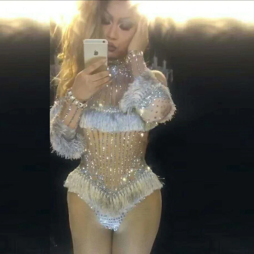 

Sexy Fringe Stage Leotard Sparkly Rhinestone Tassel Bodysuit Stage Costume Women's Singer Dance Long Sleeves Dance Outfits