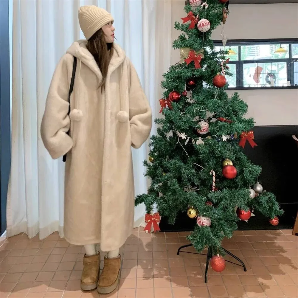 Faux Fur Jackets Women Long Coat Hooded Outerwear Autumn Winter Thick Warm Fluffy Shaggy Hoodie Vintage Overcoat Streetwear