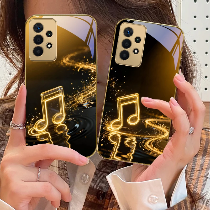 Golden Art Music Symbols For Samsung A 01 52S A04 A05S 10 12 13 22 23 24 36 42 M02 Note 10 20Ultra 8 9 Golden glass phone case