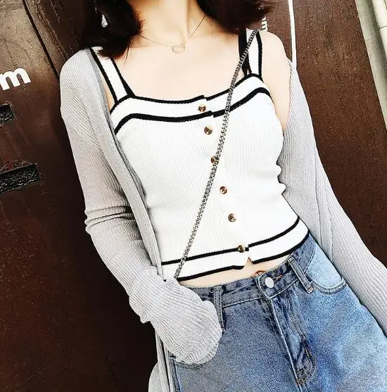 

sexy slim tank top stripted sleeveless Knitted top halter white black bustier V-neck button summer crop tops cropped feminino