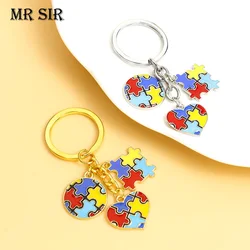 New Autism Awareness Enamel Keychains For Children Gifts Round  Heart Ribbon Red Puzzle Alloy Pendant Keyring Love Theme Jewelry