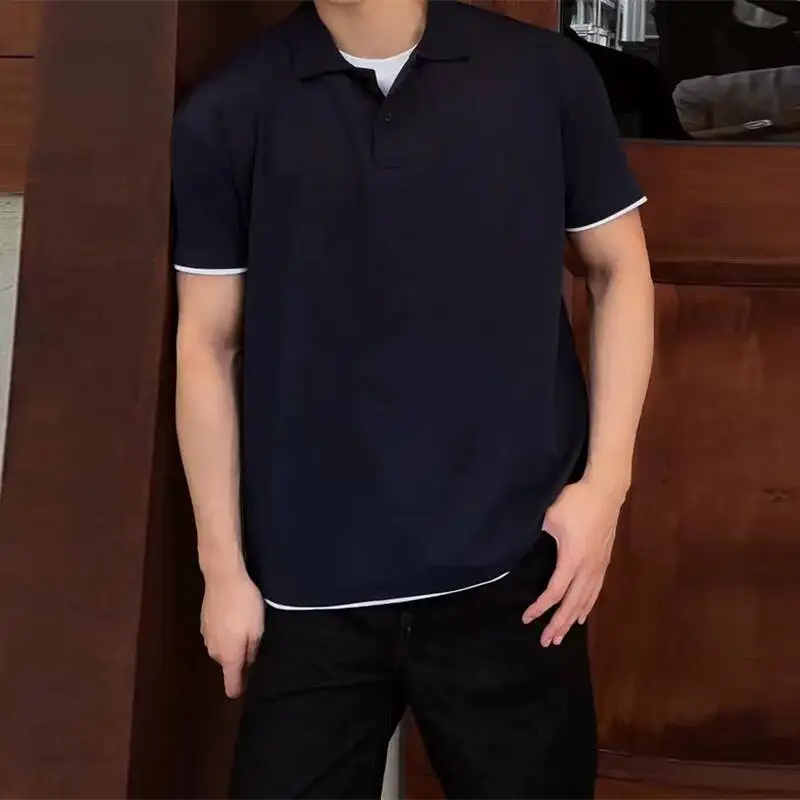 Men's Summer Casual Navy Blue T-shirt Casual Turn Down Collar Loose Pullover Tops CDR5