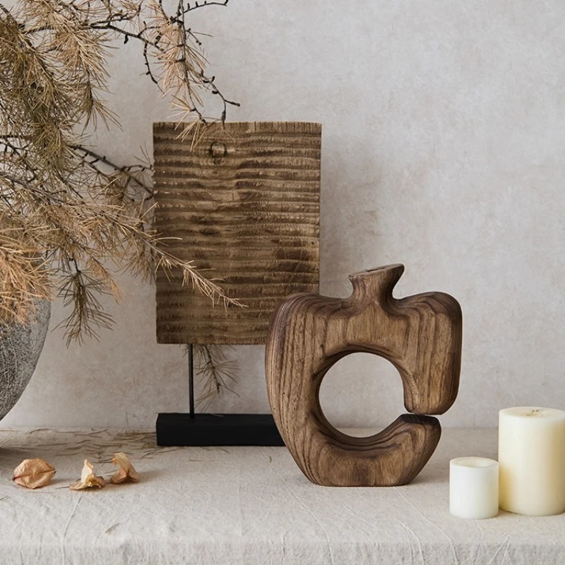 Vintage Wooden Flower Vase for Hotel Minimalist Tabletop Decorative Premium Aesthetic Flower Vessel Rustic Living Room Ornaments