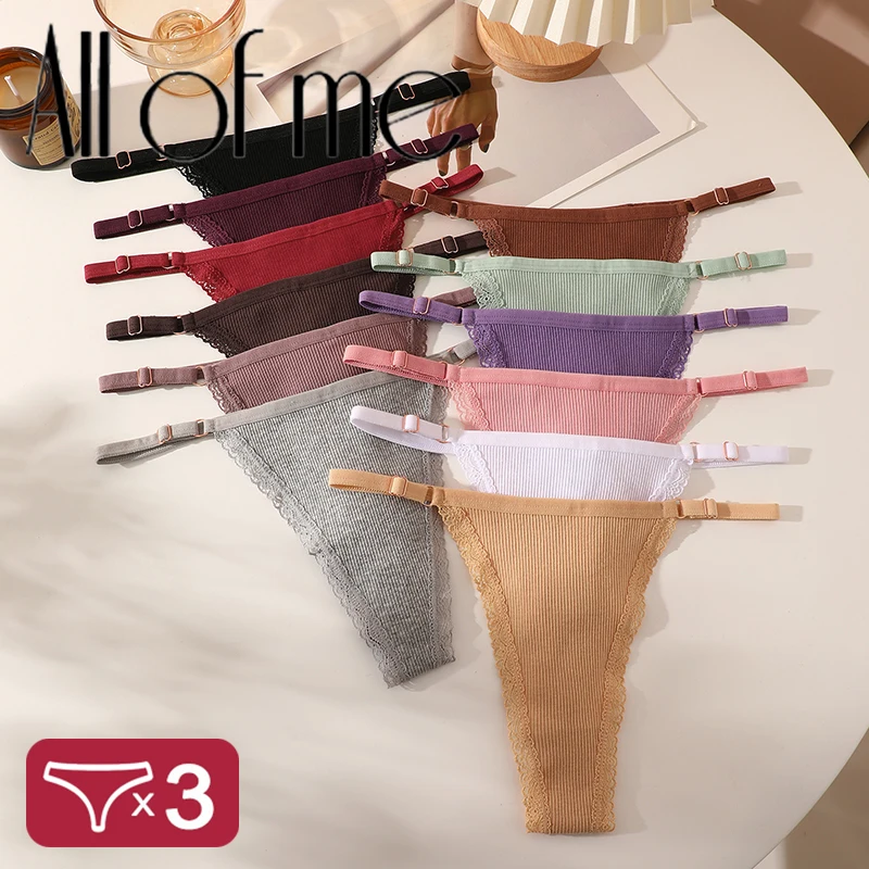 3Pcs G-String Cotton Lace Women Thongs Lingerie Low Rise Panties Adjustable Waistband Straps Hipster Underwear Female Intimates