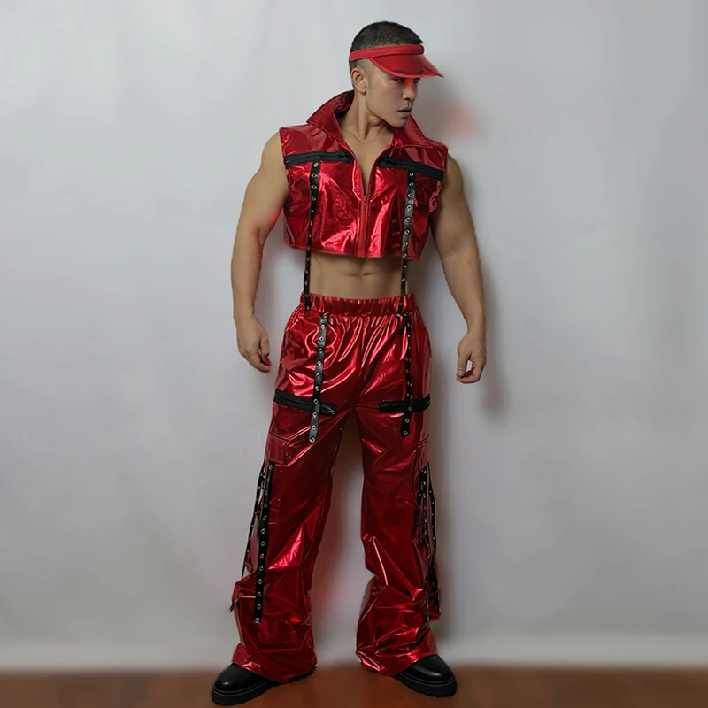 Mannen Hip Hop Jazz Outfit Gogo Danser Outfits Rood Stage Performance Kostuum Nachtclub Dj Ds Kleding Mannelijke Party Show Kleding 4932
