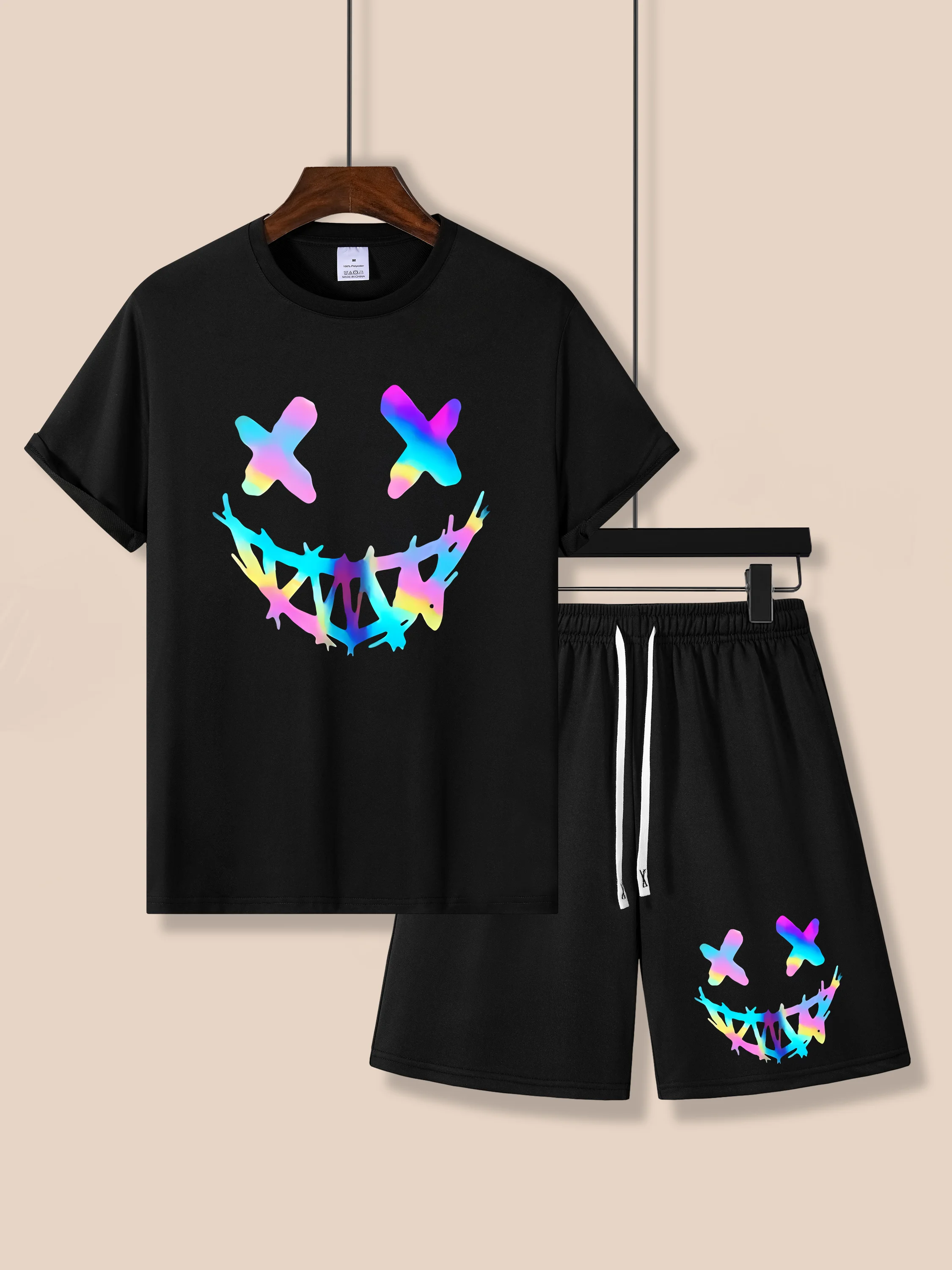 Colorful smiling face, Print Men's 2pcs Casual Comfy Set, Short Sleeve T-shirt & Shorts Outfits,  Comfortable Clothes For Summer