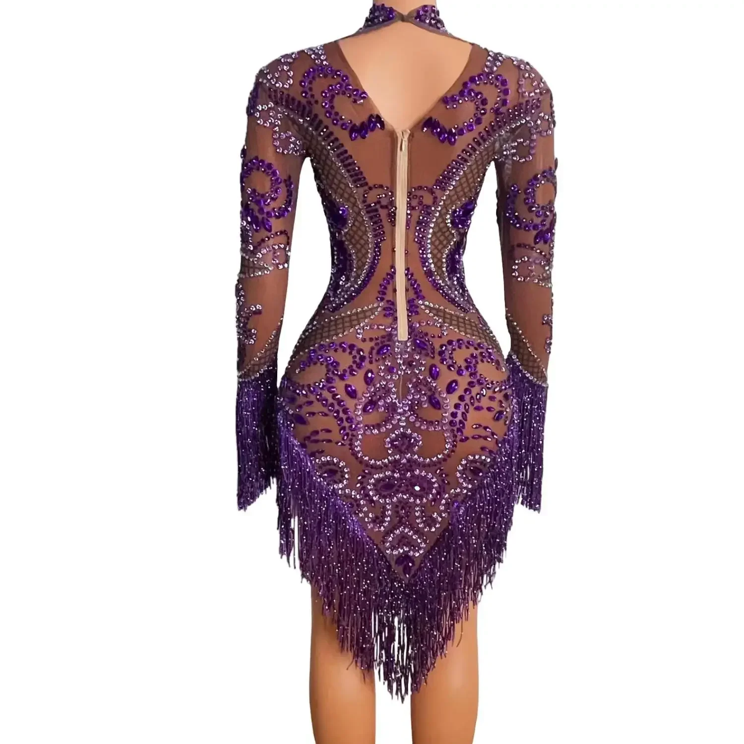 女性のための短い紫色のタッセル付きのきらびやかなドレス,セクシーなイブニングドレス,誕生日パーティー,ダイヤモンドショー,写真撮影