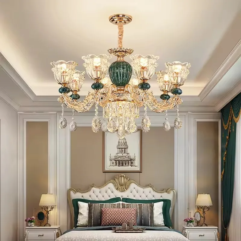 Crystal Ceramic Retro LED Ceiling Chandelier European Style Lamps Living Room Bedroom Villa Duplex
