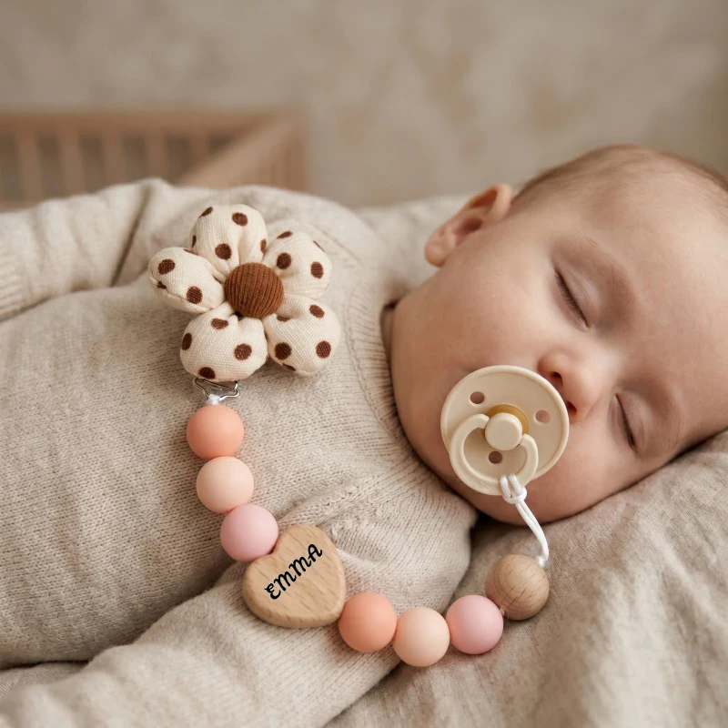 Personalized Pacifier Clip Silicone Bead Custom Name Wood Heart Flower Baby Teether Holder BPA Free Dummy Chain Baby Shower Gift image 2