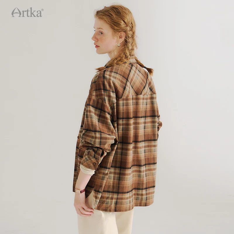 ARTKA 2024 Autumn New Women Shirt Fashion Vintage Plaid Thicken Shirts Long Sleeve Casual Loose Shirts Outerwear Female SA92546Q