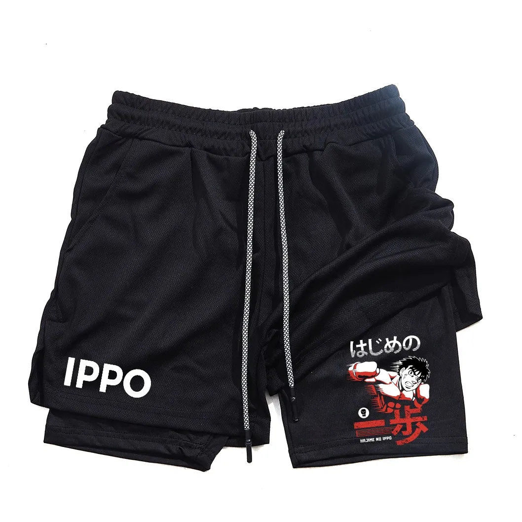 Anime IPPO Print 2 in 1 Compression Shorts for Men Athletic Performance Gym Shorts with Pockets Quick Dry Fitness Workout Boxing