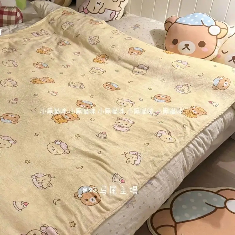 Manta de felpa Kawaii japonesa Rilakkuma, manta suave para siesta con bonito oso, manta de franela para dormitorio, manta informal cálida para aire acondicionado