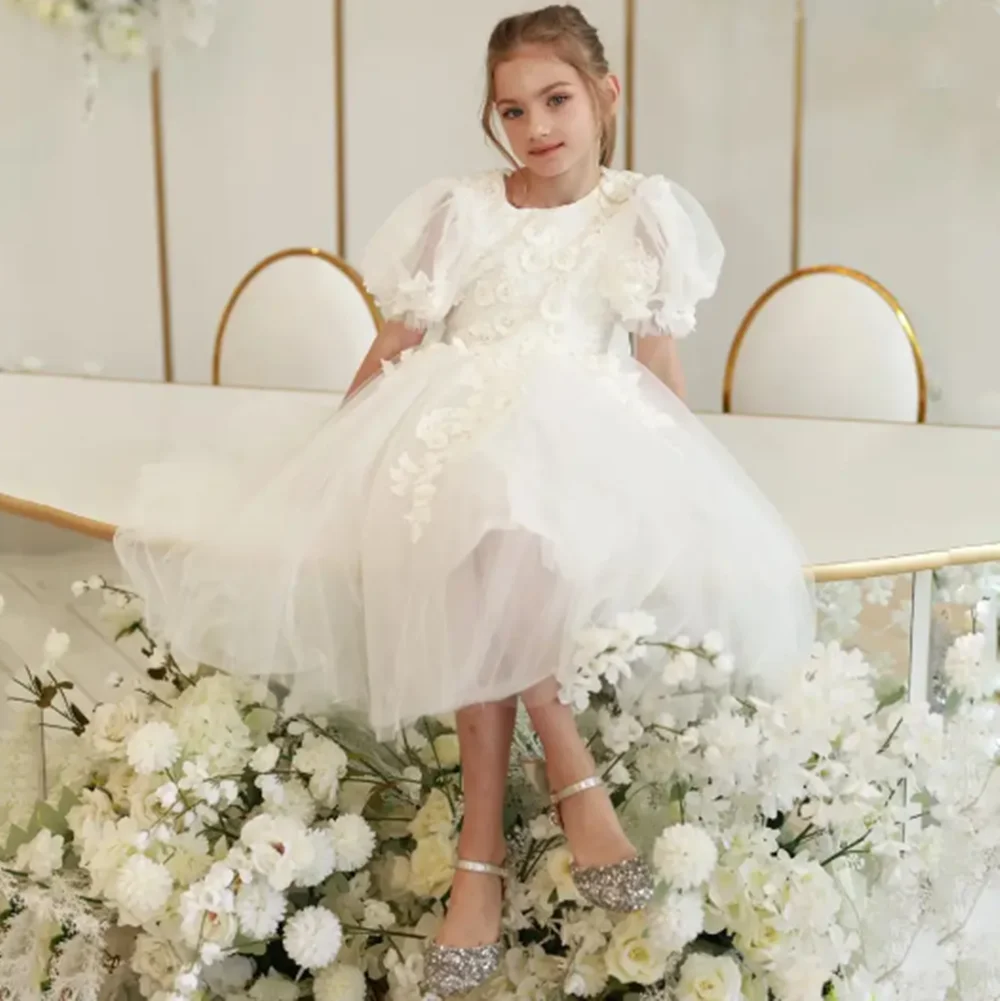 

Customized Lvory Flower Girl Dresses For Wedding Floral Appliques Knee Length Tulle Lovely Kids Formal Occasion Birthday Gown