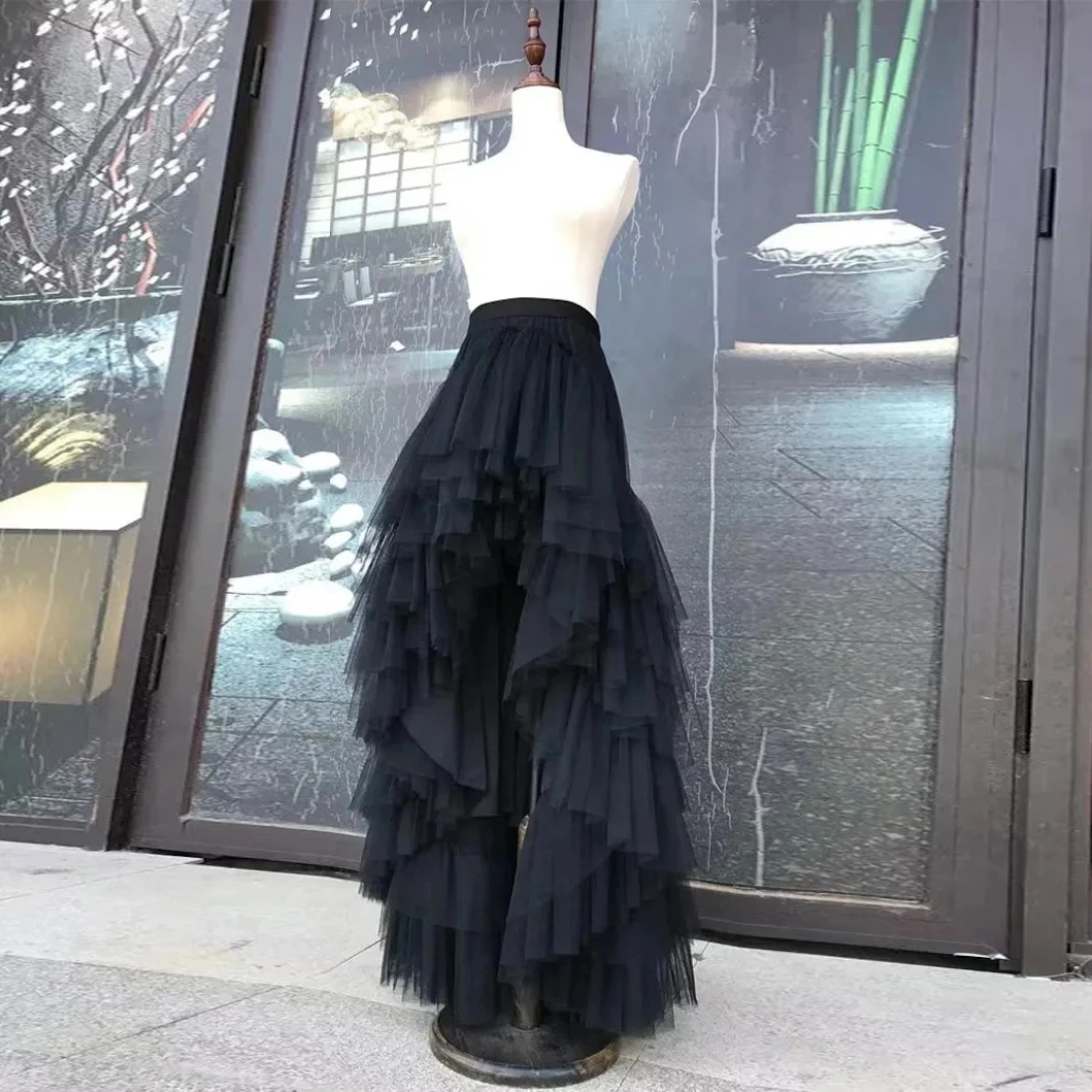 

2024 High Low Black Lush Skirt Asymmetrical Fashion Puffy Long Tulle Skirts Women To Prom Party Ruffles Female Maxi Skirts