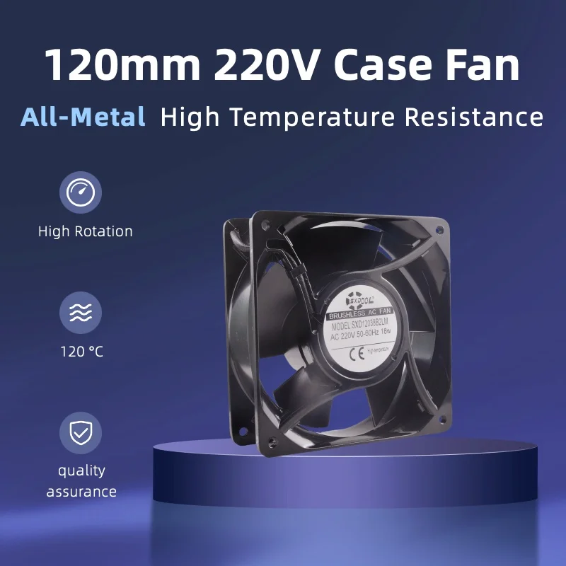 All-Metal High-Temperature Resistance 120mm AC Metal Cooling Fan 120x120x38mm, AC 220V, Dual Ball Bearings