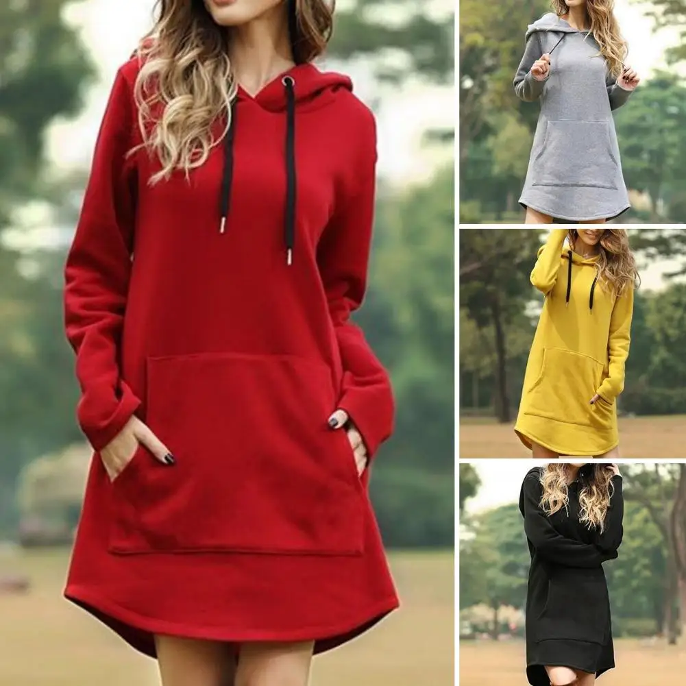 Winter Solid Color Dress Cozy Plus Size Hooded Mini Dress with Drawstring Patch Pockets for Fall Winter Loose Fit Solid Color