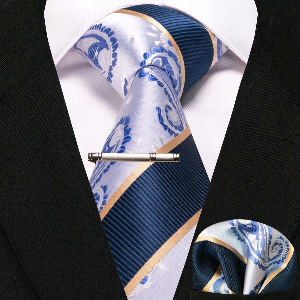 JEMYGINS Business-Krawatte für Herren, Seidenkrawatte in Marineblau, gestreifte Paisley-Krawatte, Einstecktuch, Krawattenklammern, Set für Hochzeit, Party, Geschenk – Detail 7
